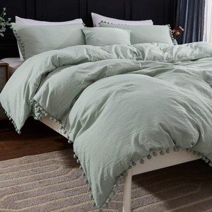 UO 3 Pieces Queen Green Pom Pom Fringe Duvet Cover